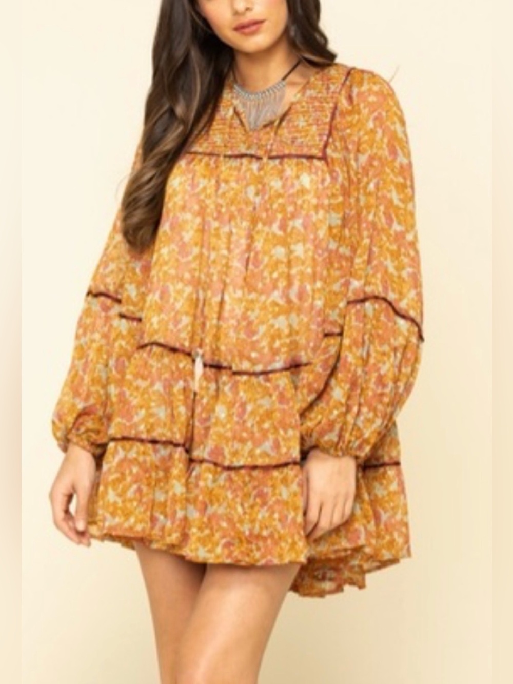 Free people Flowy Floral Tiered Mini Dress - Mustard Floral